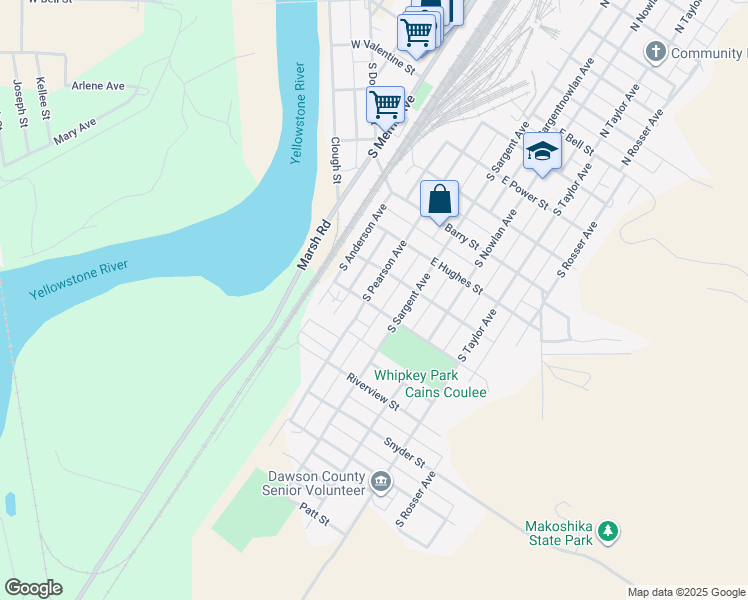 map of restaurants, bars, coffee shops, grocery stores, and more near 305 East Raymond Street in Glendive
