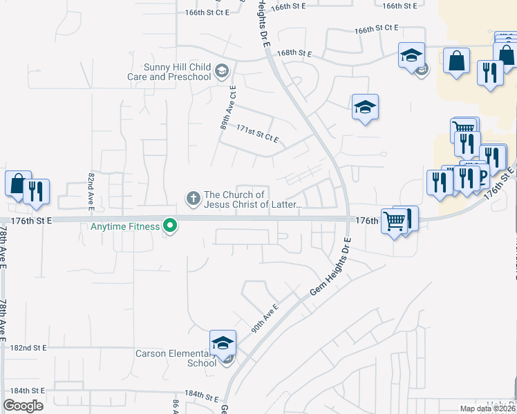 map of restaurants, bars, coffee shops, grocery stores, and more near 17513 90th Avenue East in Puyallup