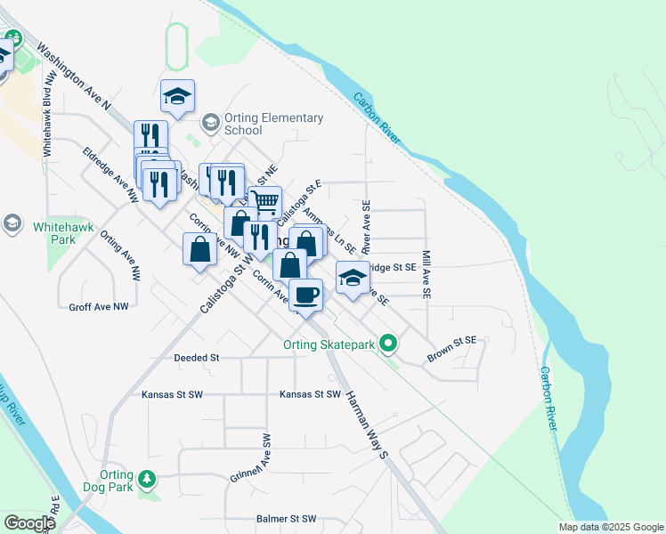 map of restaurants, bars, coffee shops, grocery stores, and more near 227 Varner Avenue Southeast in Orting
