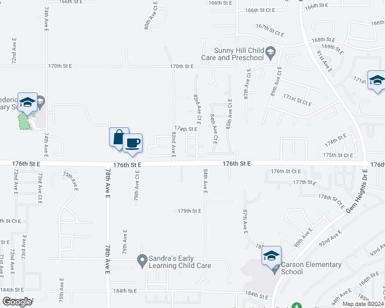 map of restaurants, bars, coffee shops, grocery stores, and more near 8305 175th Street Court East in Puyallup