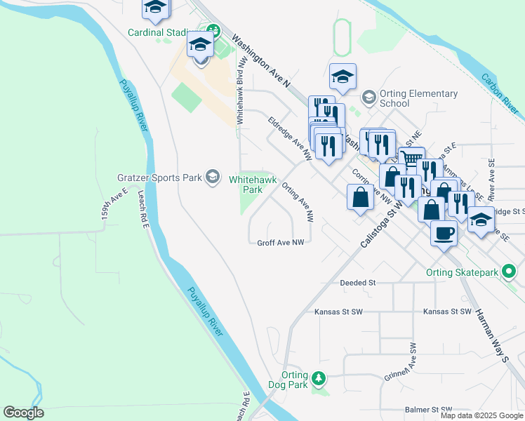 map of restaurants, bars, coffee shops, grocery stores, and more near 506 Callendar Street Northwest in Orting