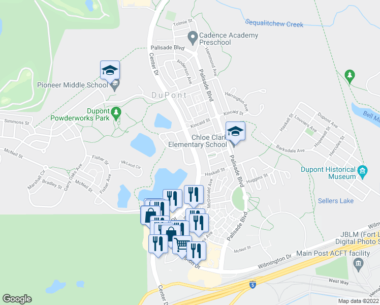 map of restaurants, bars, coffee shops, grocery stores, and more near 1736 Kennedy Place in DuPont