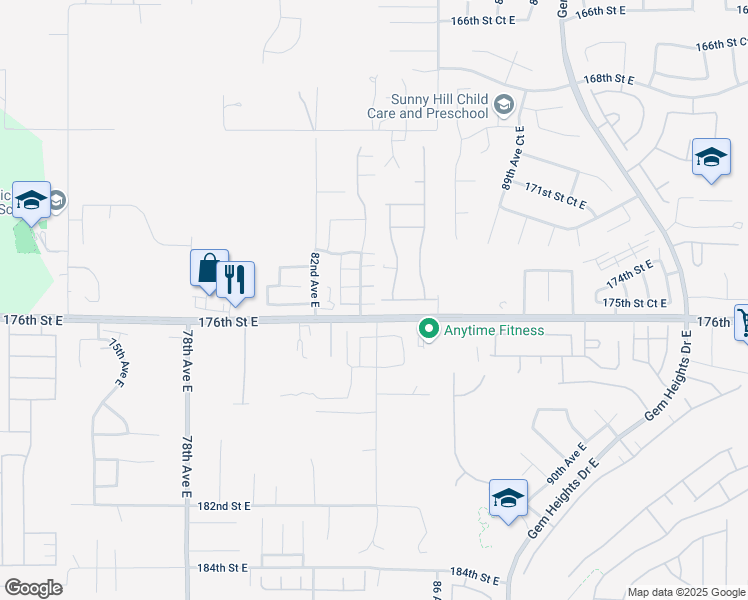 map of restaurants, bars, coffee shops, grocery stores, and more near 8351 175th Street Court East in Puyallup