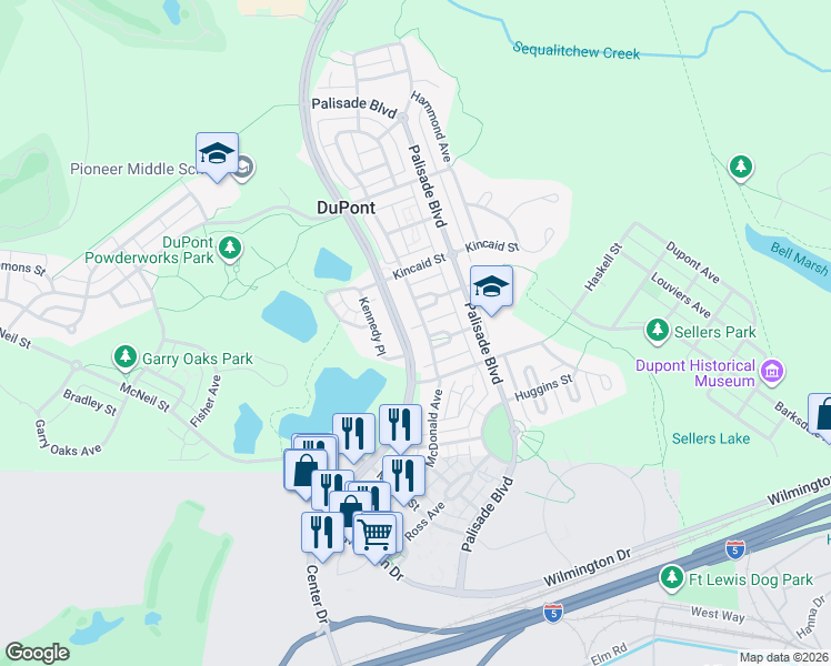 map of restaurants, bars, coffee shops, grocery stores, and more near 1749 McDonald Avenue in DuPont