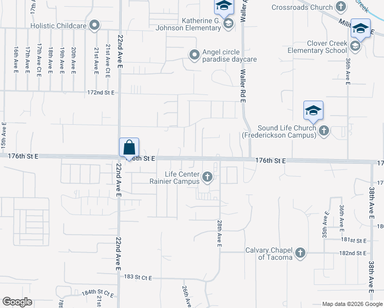 map of restaurants, bars, coffee shops, grocery stores, and more near 17518 26th Avenue Court East in Tacoma