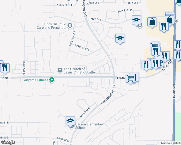 map of restaurants, bars, coffee shops, grocery stores, and more near 17416 91st Avenue Court East in Puyallup