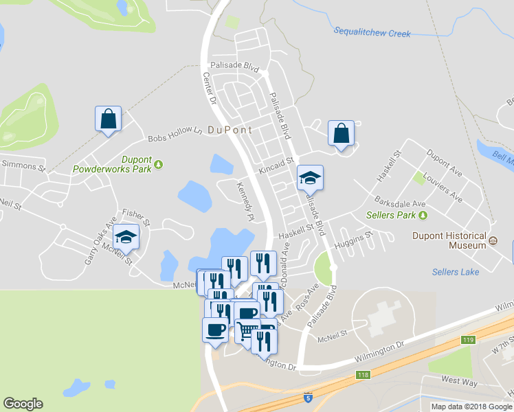 map of restaurants, bars, coffee shops, grocery stores, and more near 1656 Kennedy Place in DuPont