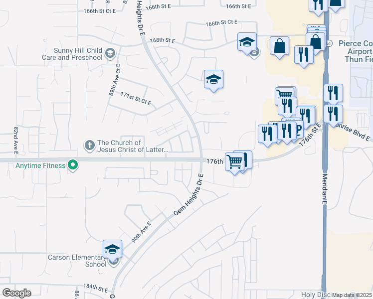map of restaurants, bars, coffee shops, grocery stores, and more near 17509 93rd Avenue East in Puyallup