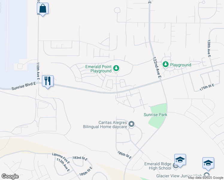 map of restaurants, bars, coffee shops, grocery stores, and more near 17420 118th Avenue Court East in Puyallup