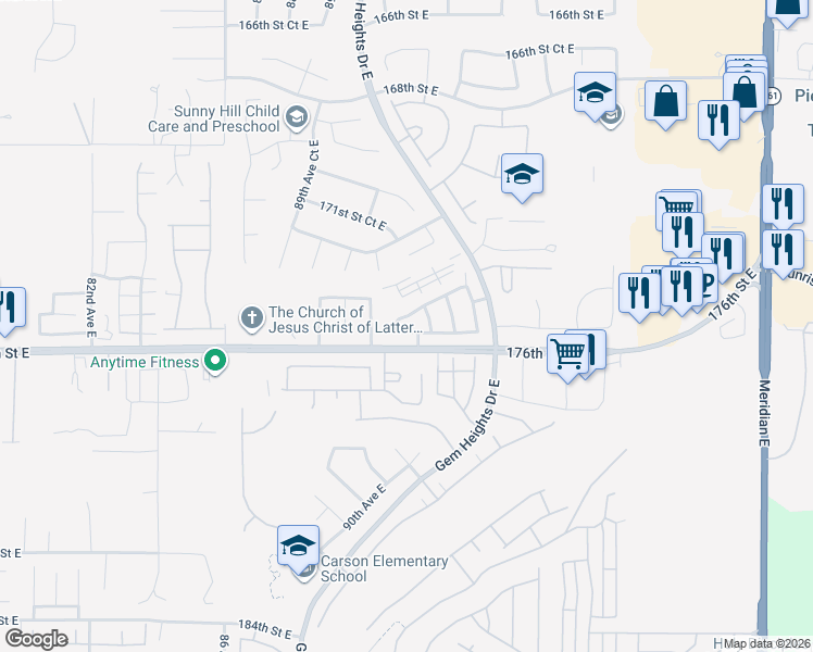 map of restaurants, bars, coffee shops, grocery stores, and more near 9107 175th Street Court East in Puyallup