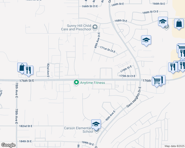 map of restaurants, bars, coffee shops, grocery stores, and more near 8811 176th Street East in Puyallup