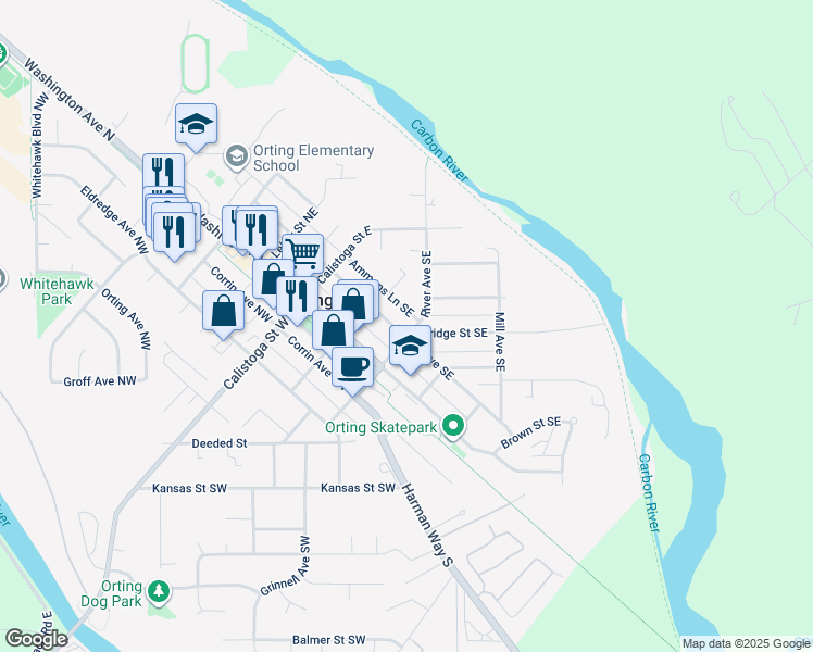 map of restaurants, bars, coffee shops, grocery stores, and more near 228 Varner Avenue Southeast in Orting
