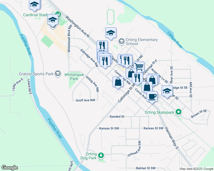 map of restaurants, bars, coffee shops, grocery stores, and more near 306 Whitesell St NW in Orting