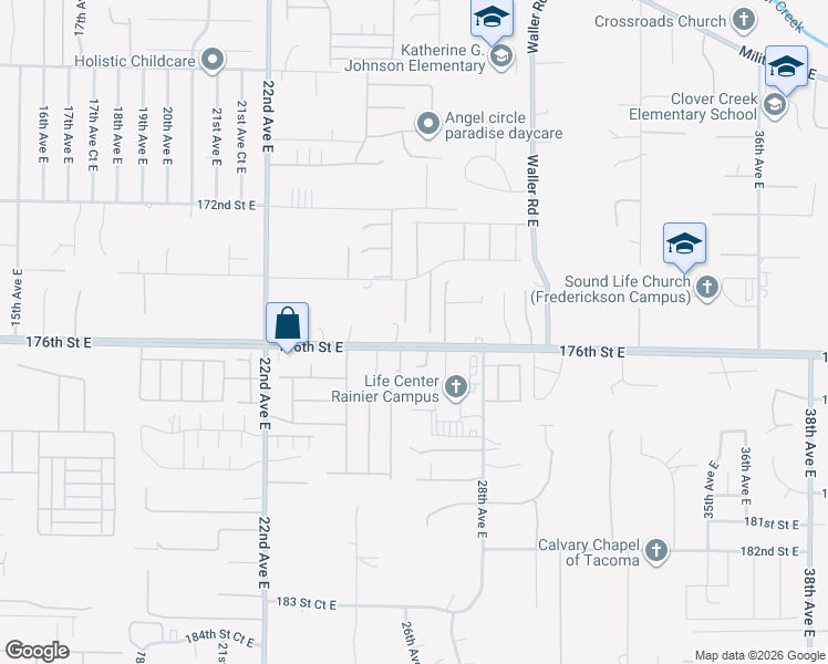 map of restaurants, bars, coffee shops, grocery stores, and more near 17518 26th Avenue Court East in Tacoma