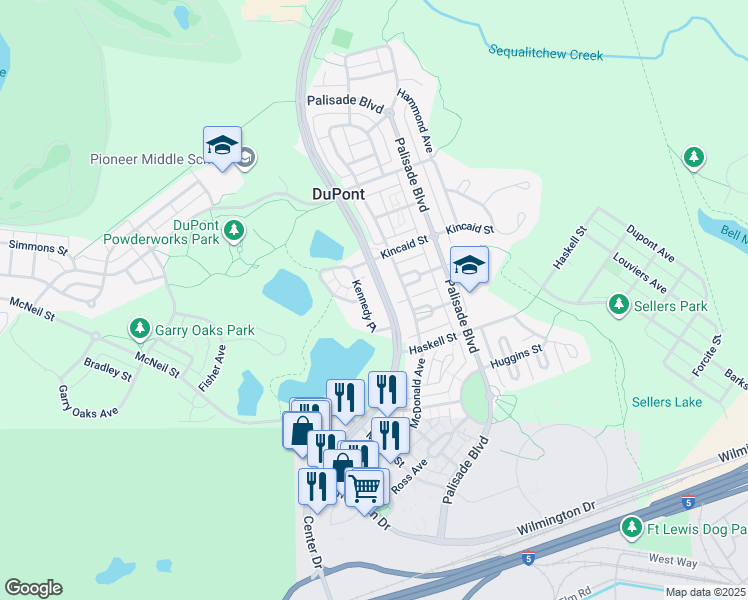 map of restaurants, bars, coffee shops, grocery stores, and more near 1606 Kennedy Place in DuPont