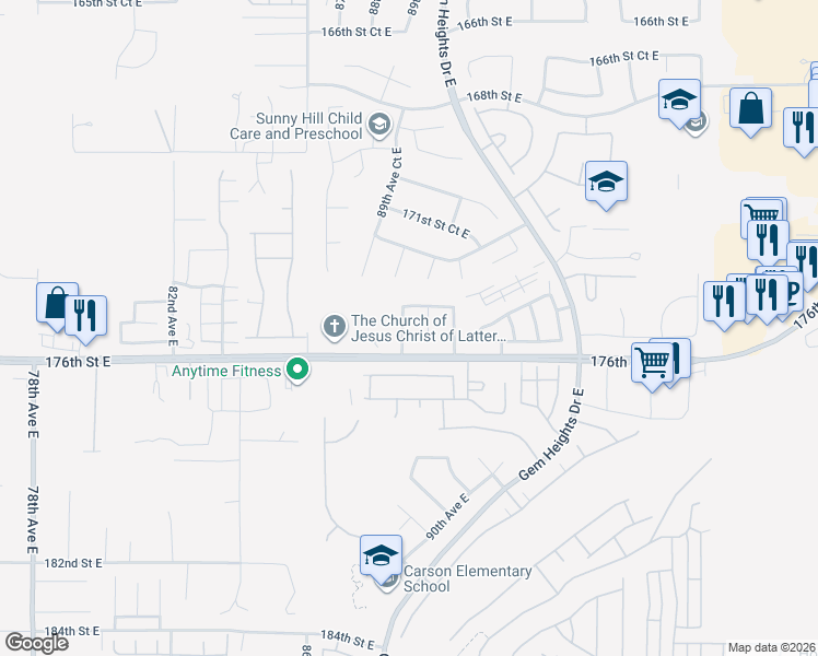 map of restaurants, bars, coffee shops, grocery stores, and more near 17423 89th Avenue East in Puyallup