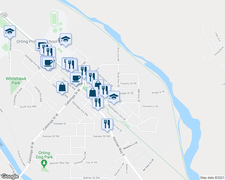 map of restaurants, bars, coffee shops, grocery stores, and more near 228 Varner Avenue Southeast in Orting