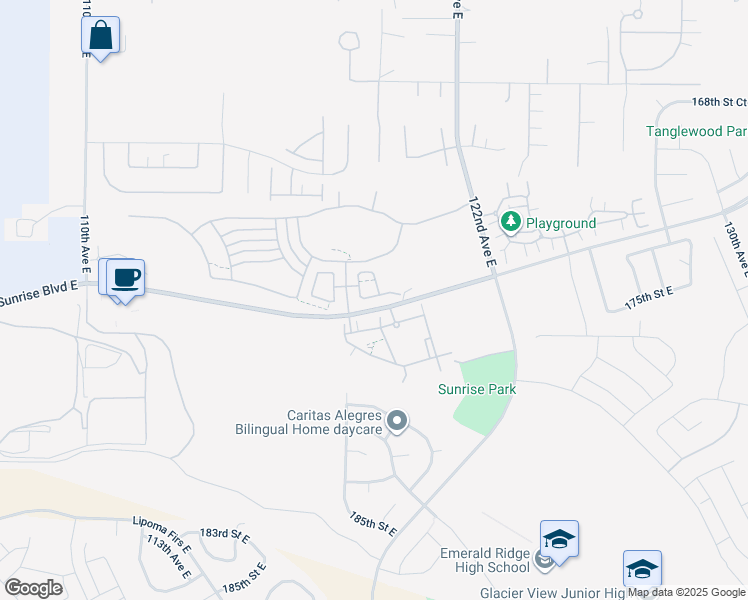 map of restaurants, bars, coffee shops, grocery stores, and more near 17421 118th Avenue Court East in South Hill
