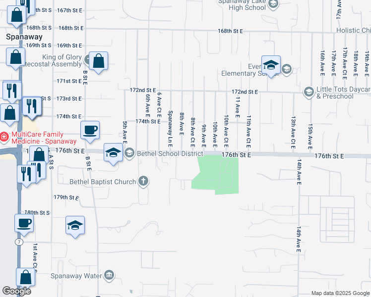 map of restaurants, bars, coffee shops, grocery stores, and more near 17519 8th Avenue East in Spanaway