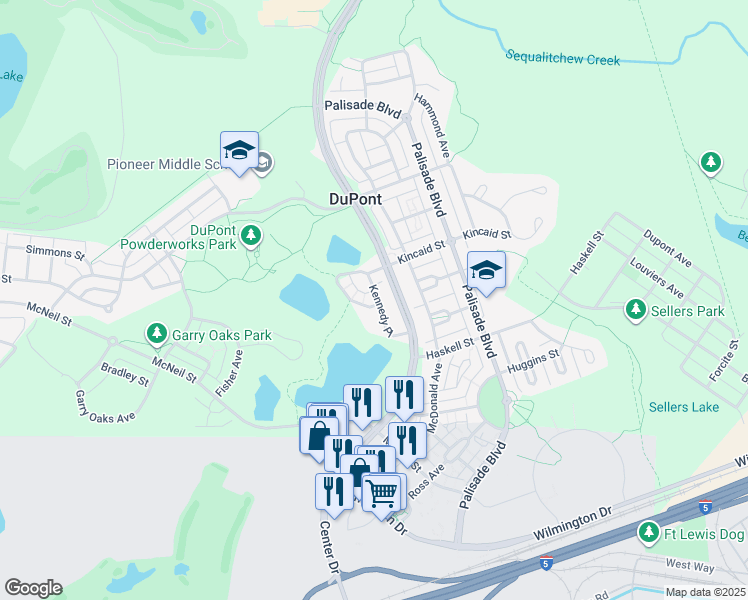 map of restaurants, bars, coffee shops, grocery stores, and more near 1606 Kennedy Place in DuPont