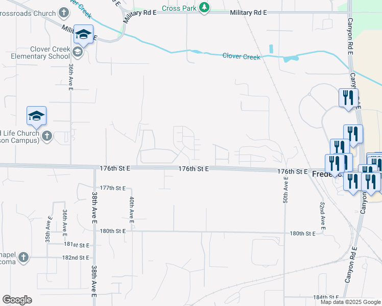 map of restaurants, bars, coffee shops, grocery stores, and more near 17502 45th Avenue East in Tacoma