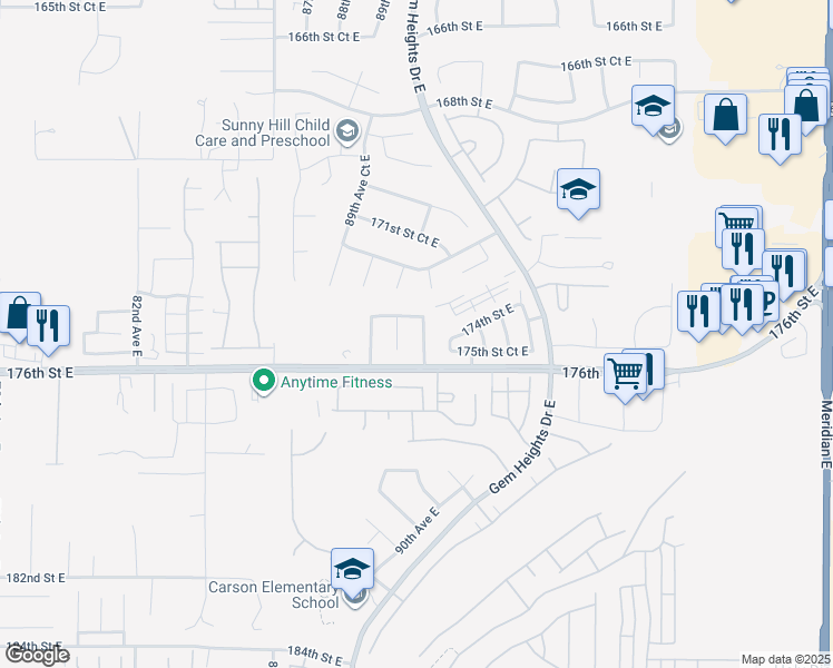 map of restaurants, bars, coffee shops, grocery stores, and more near 17414 90th Avenue Court East in Puyallup