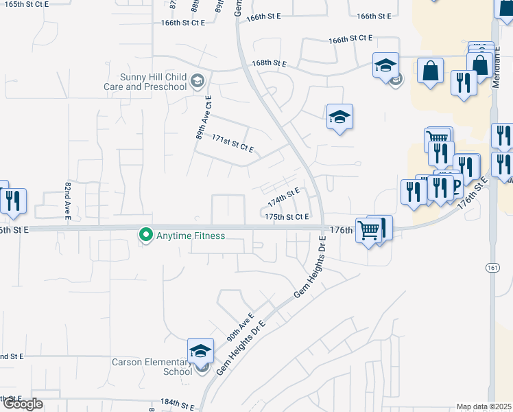 map of restaurants, bars, coffee shops, grocery stores, and more near 17402 91st Avenue Court East in Puyallup