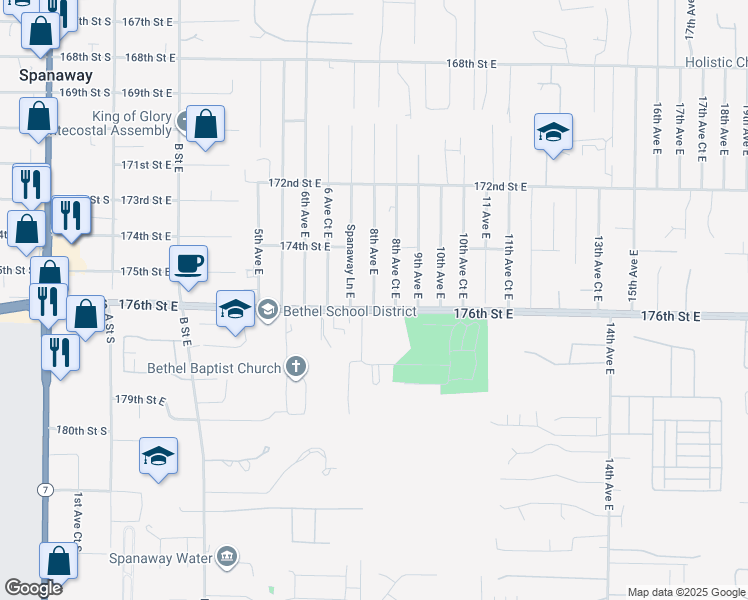 map of restaurants, bars, coffee shops, grocery stores, and more near 17519 8th Avenue East in Spanaway