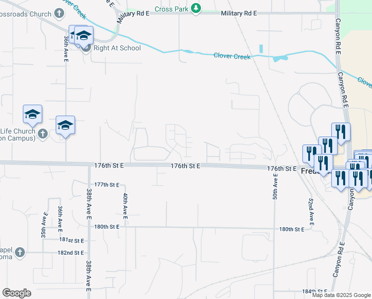 map of restaurants, bars, coffee shops, grocery stores, and more near 17502 45th Avenue East in Tacoma
