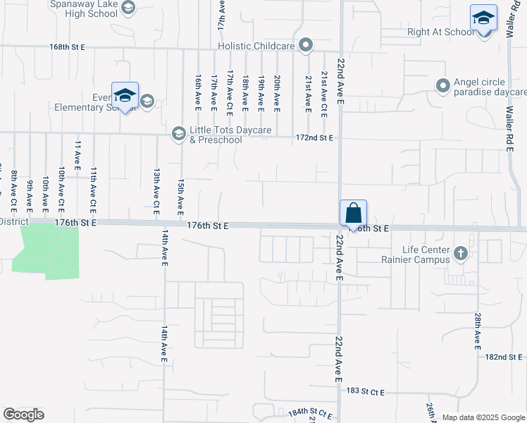 map of restaurants, bars, coffee shops, grocery stores, and more near 17528 19th Avenue East in Spanaway