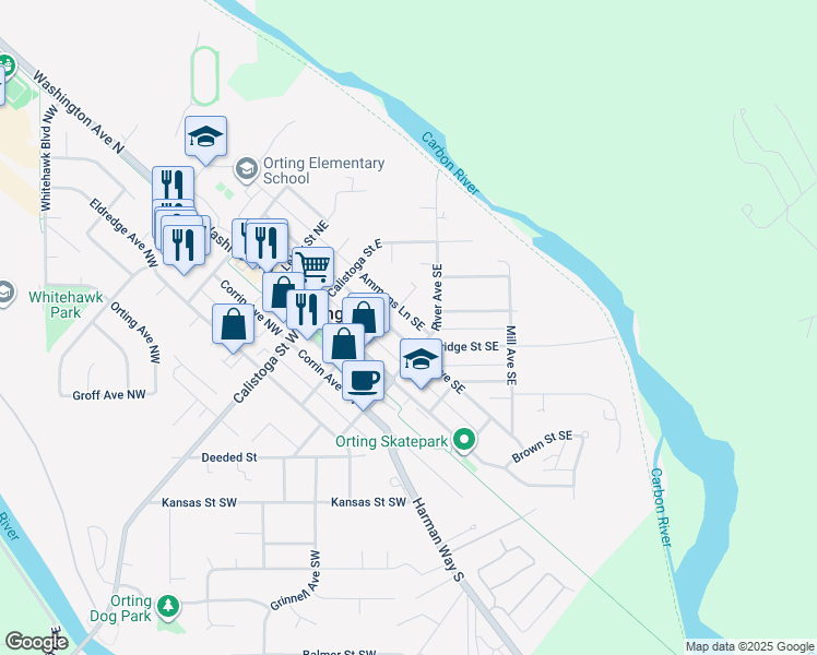 map of restaurants, bars, coffee shops, grocery stores, and more near 228 Varner Avenue Southeast in Orting