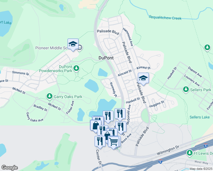 map of restaurants, bars, coffee shops, grocery stores, and more near 1606 Kennedy Place in DuPont