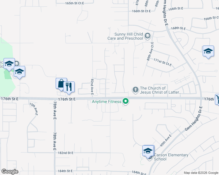 map of restaurants, bars, coffee shops, grocery stores, and more near 8349 175th Street East in Puyallup