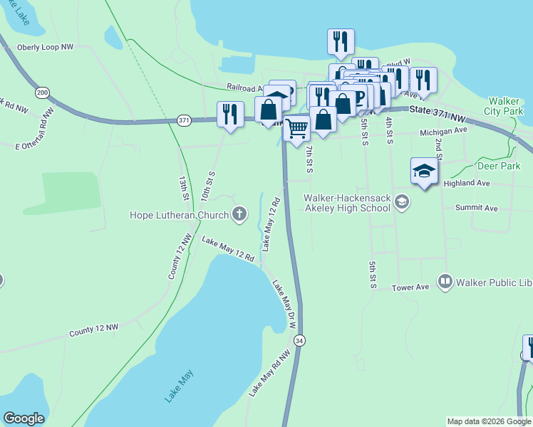 map of restaurants, bars, coffee shops, grocery stores, and more near 402 Lake May 12 Road in Walker