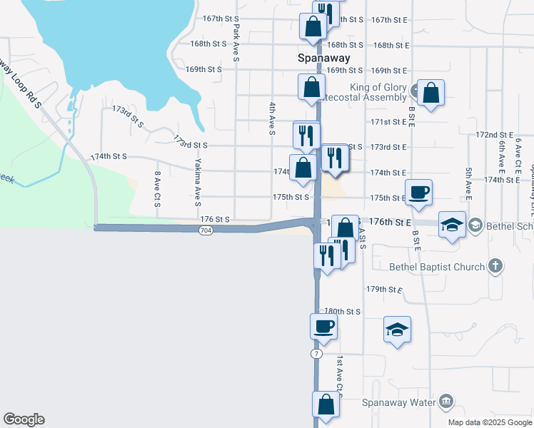 map of restaurants, bars, coffee shops, grocery stores, and more near 403 176th Street South in Spanaway