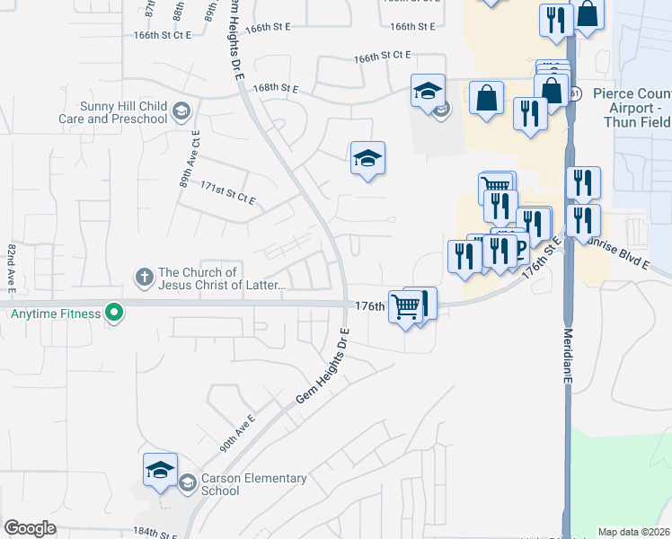 map of restaurants, bars, coffee shops, grocery stores, and more near 17431 93rd Avenue Court East in Puyallup
