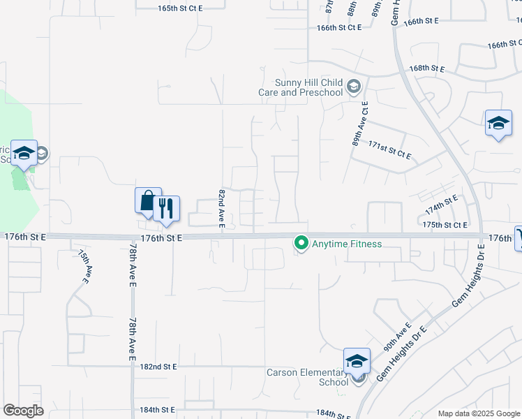 map of restaurants, bars, coffee shops, grocery stores, and more near 8351 175th Street Court East in Puyallup