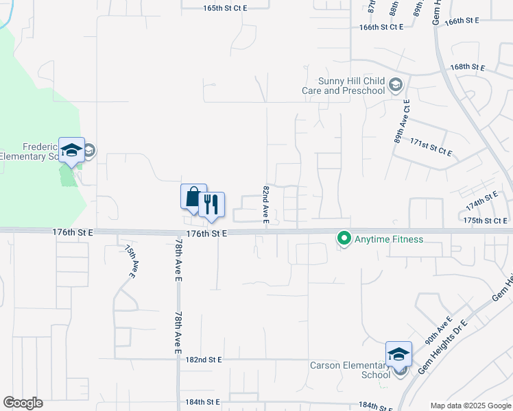 map of restaurants, bars, coffee shops, grocery stores, and more near 8129 175th Street Court East in Puyallup