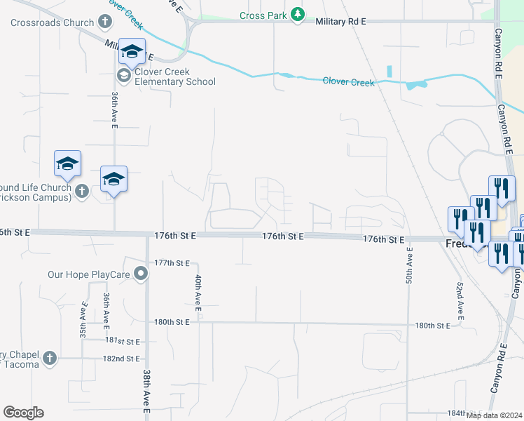 map of restaurants, bars, coffee shops, grocery stores, and more near 17502 45th Avenue East in Tacoma