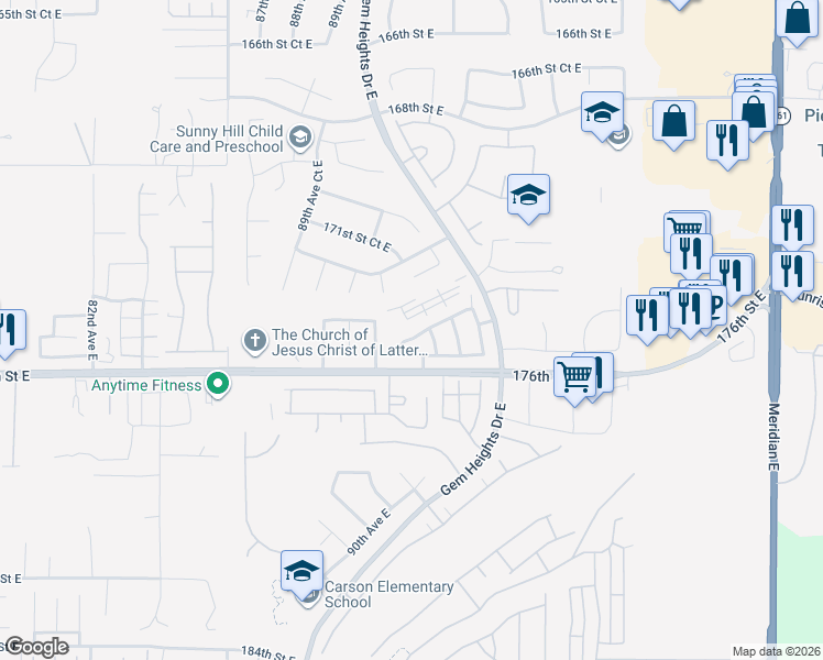 map of restaurants, bars, coffee shops, grocery stores, and more near 17416 91st Avenue Court East in Puyallup