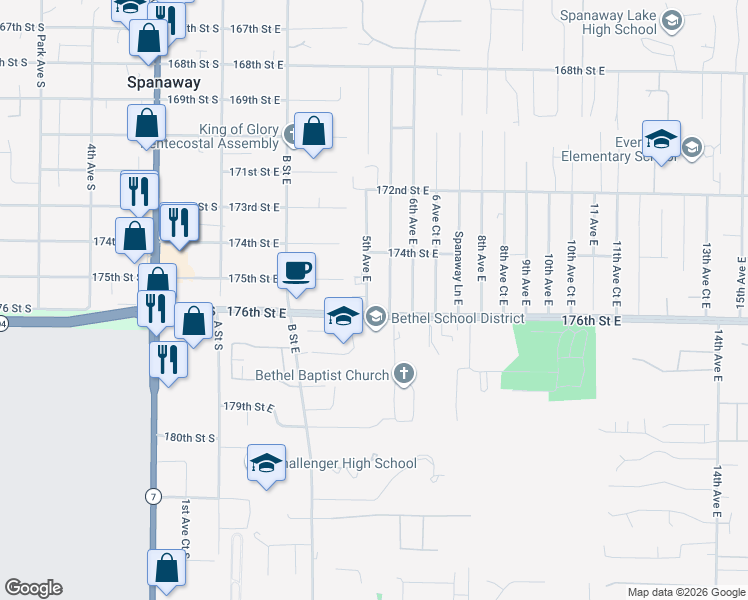 map of restaurants, bars, coffee shops, grocery stores, and more near 516 176th Street East in Spanaway