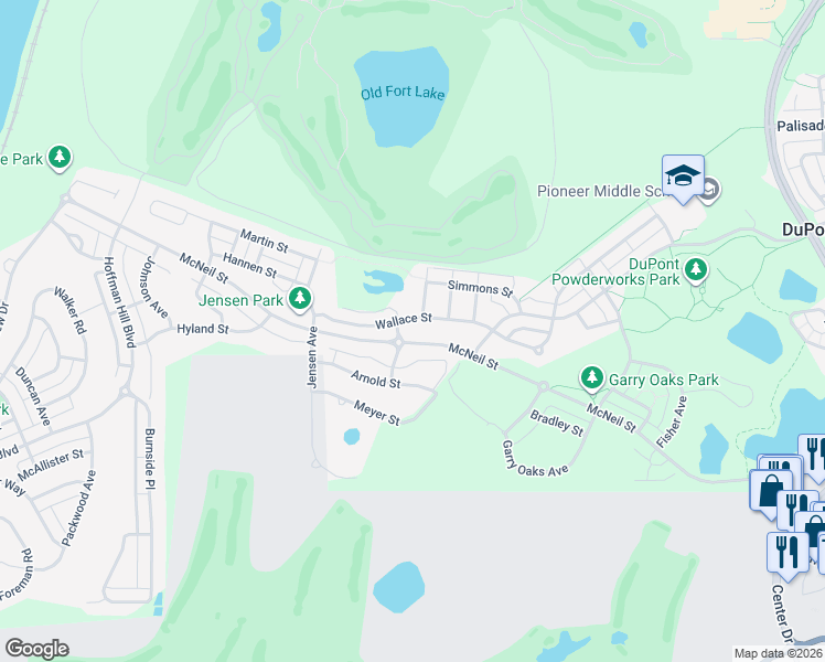 map of restaurants, bars, coffee shops, grocery stores, and more near 2552 McNeil Street in DuPont
