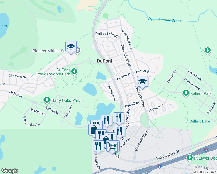 map of restaurants, bars, coffee shops, grocery stores, and more near 1606 Kennedy Place in DuPont