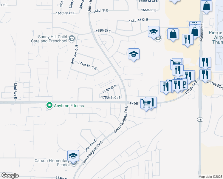 map of restaurants, bars, coffee shops, grocery stores, and more near 17406 93rd Avenue East in Puyallup