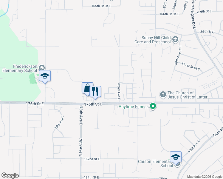 map of restaurants, bars, coffee shops, grocery stores, and more near 8112 174th Street Court East in Puyallup