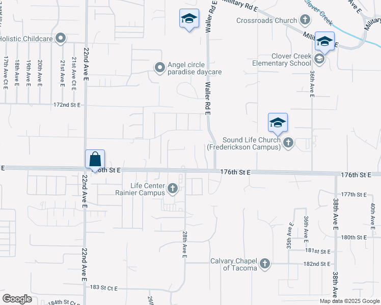 map of restaurants, bars, coffee shops, grocery stores, and more near 2807 176th Street East in Tacoma