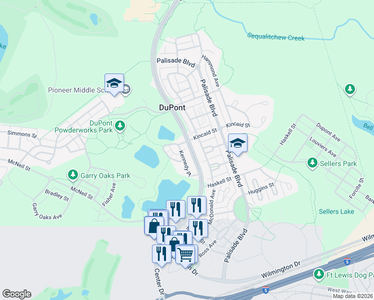 map of restaurants, bars, coffee shops, grocery stores, and more near 1826 Kennedy Place in DuPont