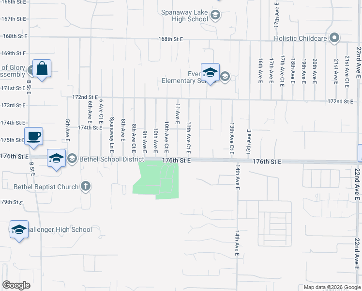 map of restaurants, bars, coffee shops, grocery stores, and more near 17501 11th Avenue East in Spanaway