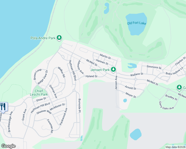map of restaurants, bars, coffee shops, grocery stores, and more near 2892 Hyland Street in DuPont