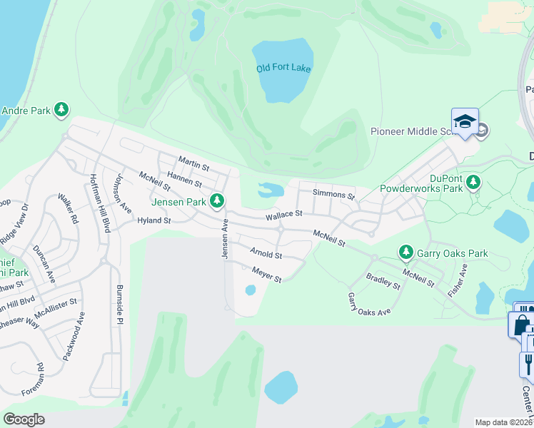 map of restaurants, bars, coffee shops, grocery stores, and more near 2706 Wallace Street in DuPont